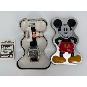 Time Works Disney Watch Mickey Mouse Oval Modern Shape Rare in Tin Case - Works